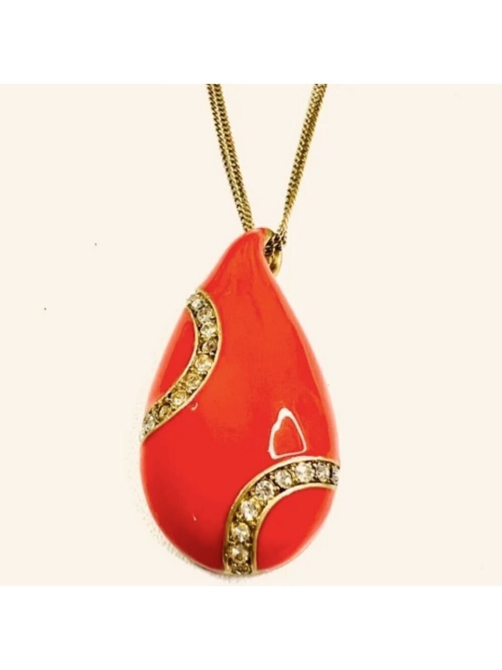 Kiam Family Orange Enamel Flame Shaped Pendant Necklace / Curved Crystal Accents